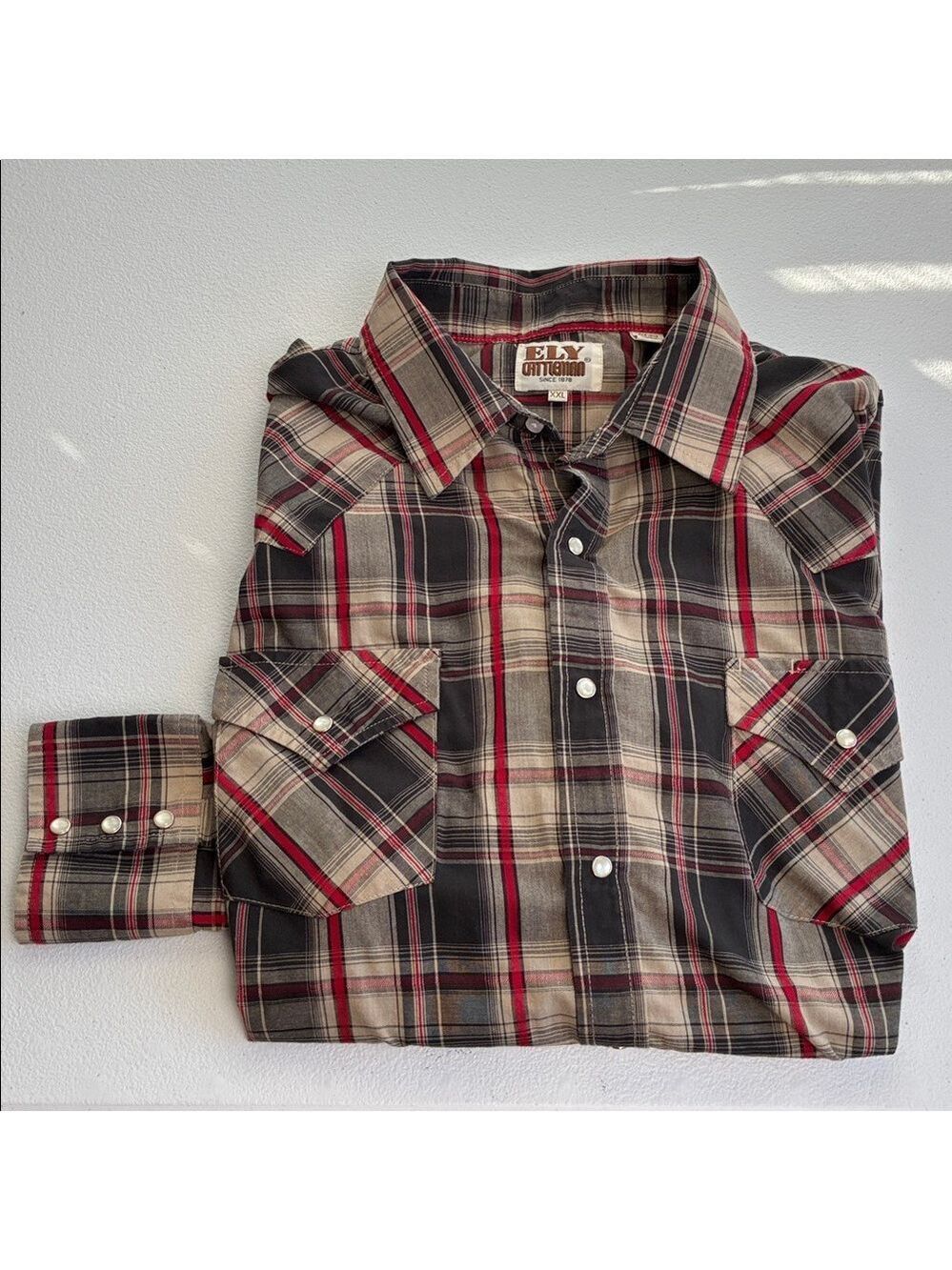 Ely Cattleman Tan/Brown Plaid Shirt Pearl Snaps Western XXL